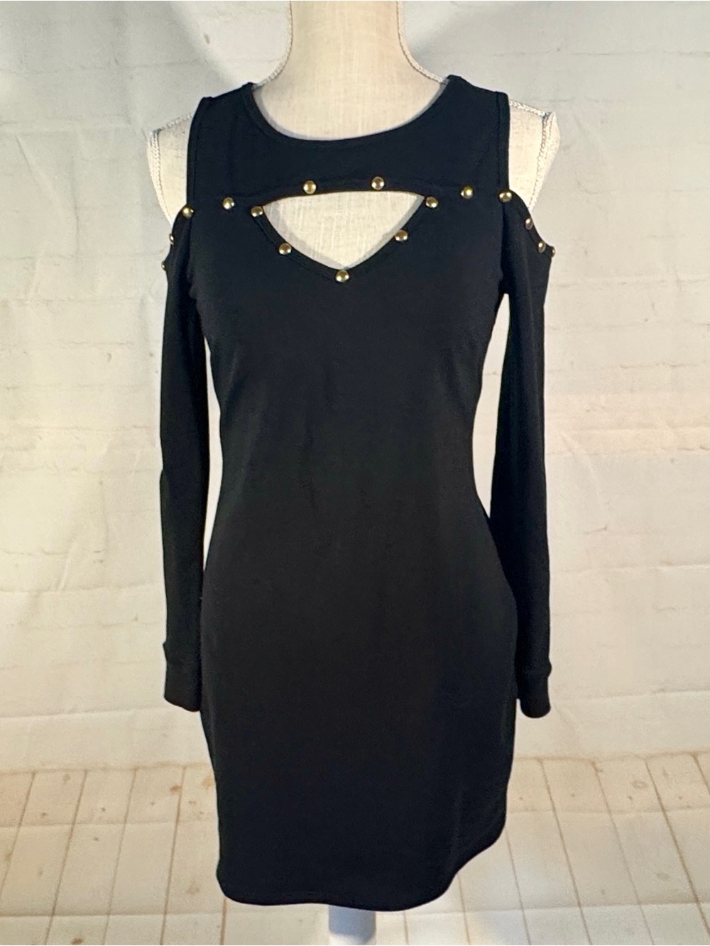 Boston Proper Black Cold-Shoulder Bodycon Dress with Gold Studs Key Hole 2 XS